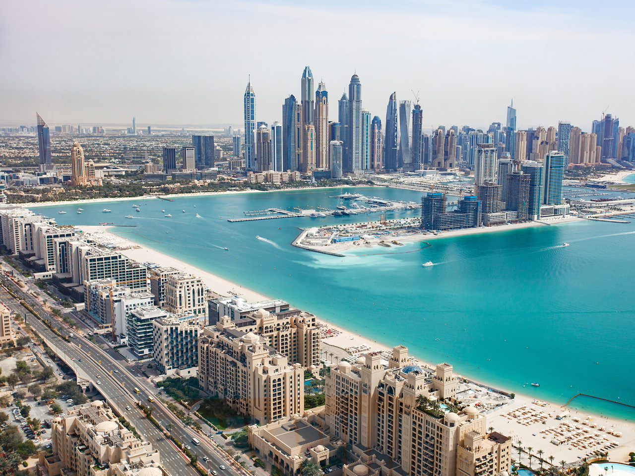 Aerial view of Dubai Marina, JBR beach and the coastline